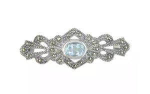 Sterling Silver Something Blue Topaz Marcasite Brooch