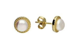 Sterling Silver Yellow Gold Plated Rope Edged Pearl Stud Earrings