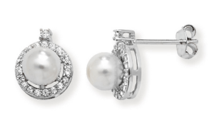 Sterling Silver And Faux Pearl Cubic Zirconia Stud Earrings